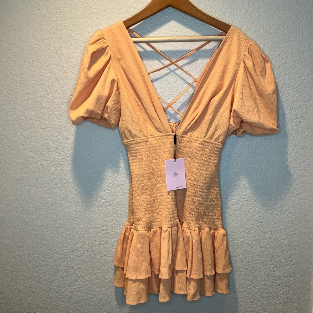 NWT Hello Molly LA Devotee Mini Dress Puff Sleeve Open Back in Peach size S - Picture 5 of 11
